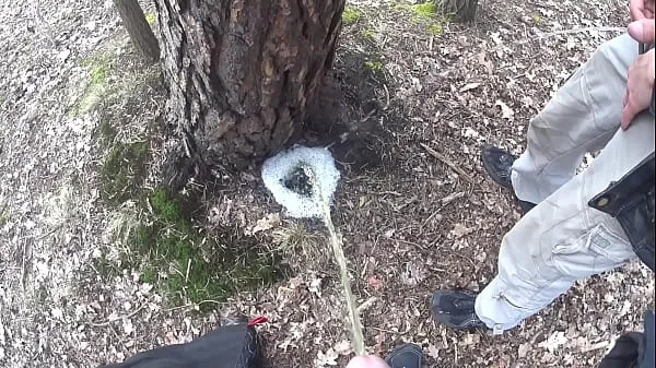 Nuovo ragazzi che pisciano insieme una grande pozzanghera schiumosa su un albero tubo superiore