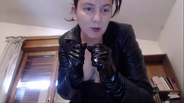 Latex gloves long leather jacket ready to show you who's in charge here filthy slave أنبوب علوي جديد